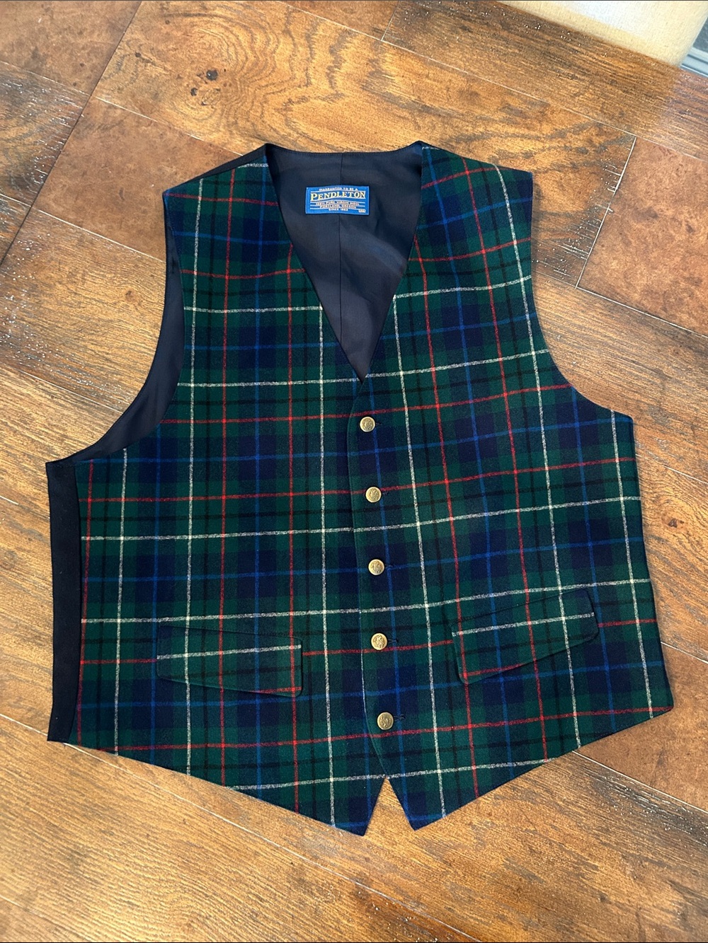 Vintage Men's Pendleton Green Tartan Plaid Wool Vest with Navy Back Sz 46